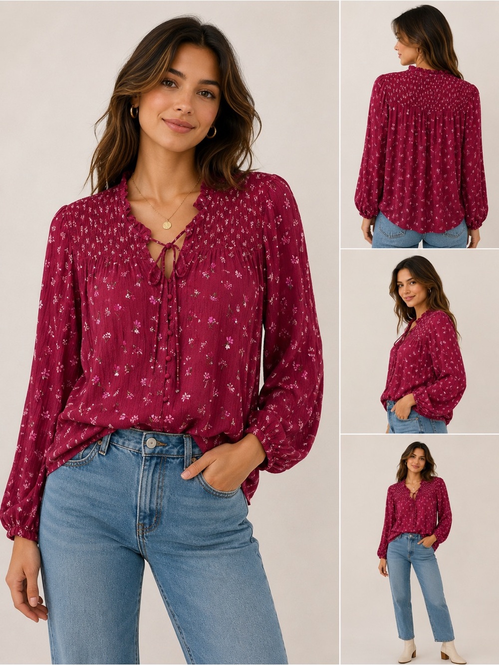 Hippie Rose Berry Floral Smocked Tie-Front Blouse